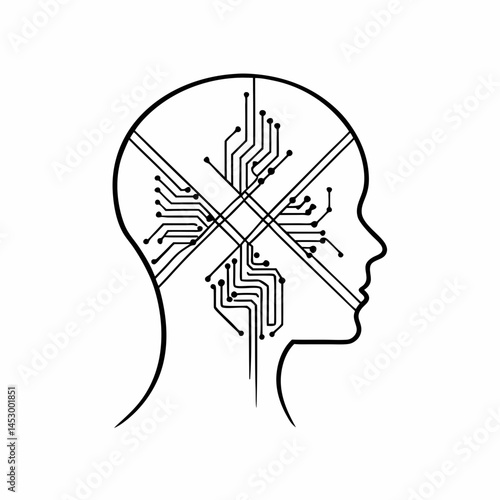 Abstract Line Art Composition Showing a Human Head Overlaid with VR Circuitry, Representing Artificial Intelligence.
