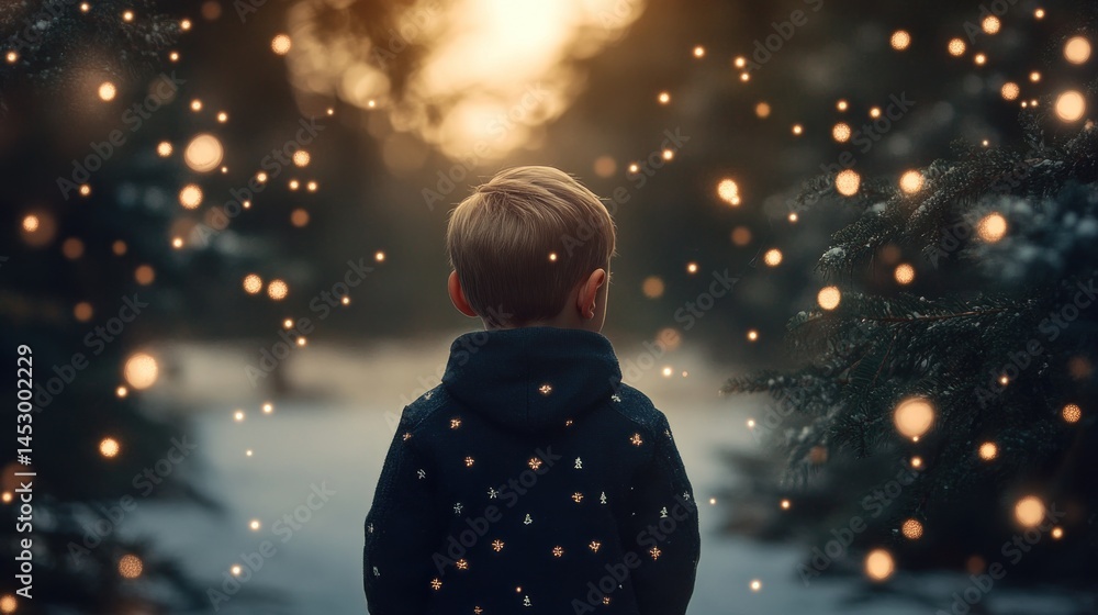 Child in winter clothes in glowing forest Child in winter clothes in glowing forest