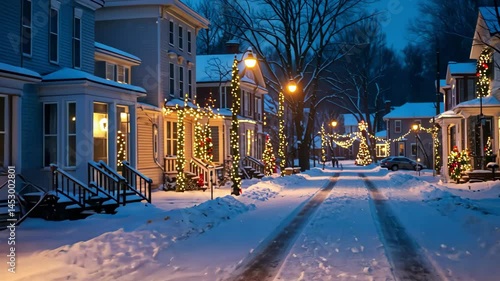 Christmas lights adorn a snowy winter village
