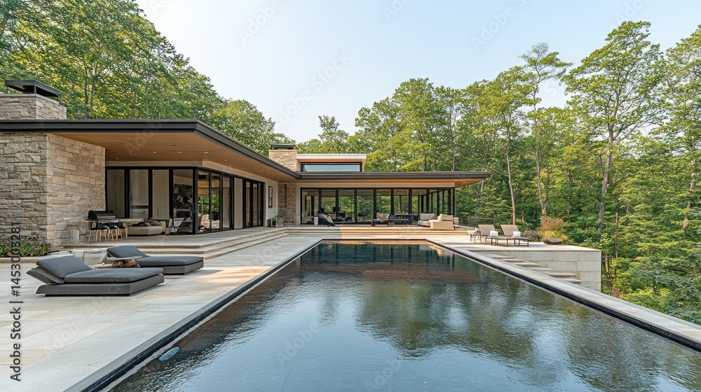 Fototapeta premium Modern home's infinity pool overlooks wooded landscape