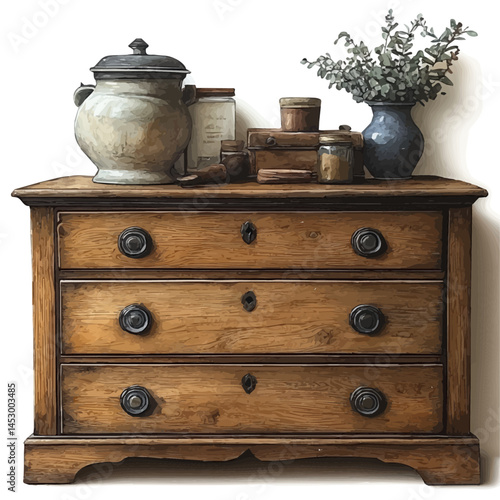 Antique Wooden Drawer Chest, vector watercolor illustration, isolated on a white background.