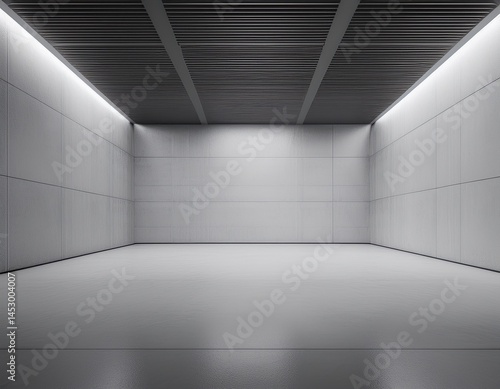 abstract interior design of modern showroom with empty white concrete floor and gray wall background 