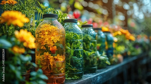 Colorful jars filled with flowers and greenery displayed in a vibrant garden setting