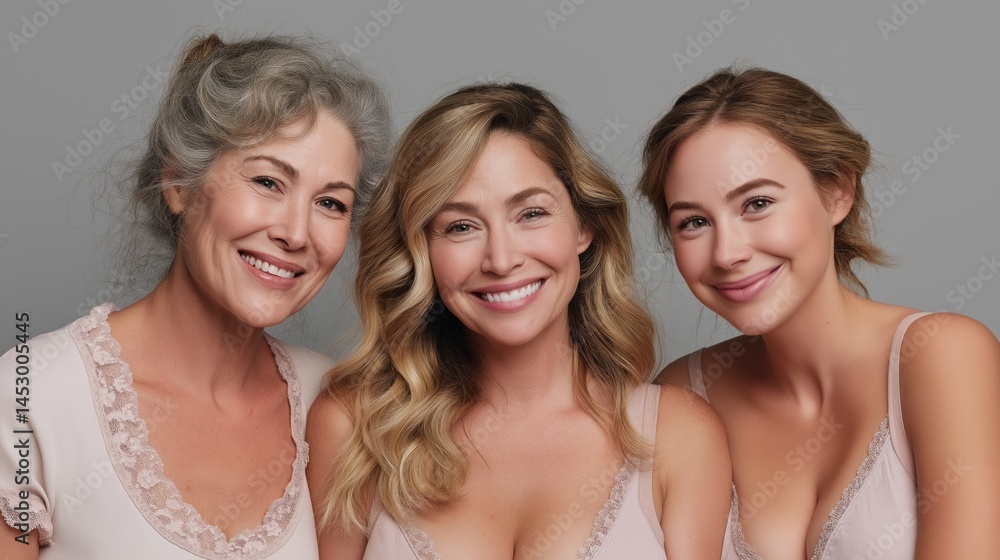 Three confident female models share a joyful moment, showcasing their natural beauty and warmth. They wear light clothing and exhibit vibrant smiles, highlighting diverse age representation Three confident female models share a joyful moment, showcasing their natural beauty and warmth. They wear light clothing and exhibit vibrant smiles, highlighting diverse age representation