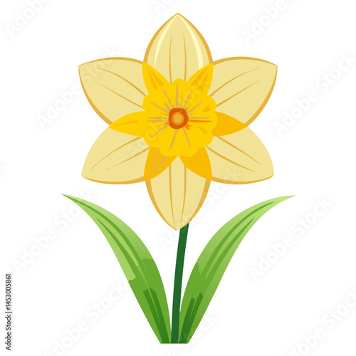 Illustration of a yellow daffodil flower with green stem and leaves spring floral design art