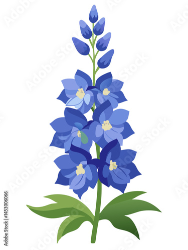 Illustration of a beautiful delphinium flower, blue flower, floral design, botanical art, spring bloom