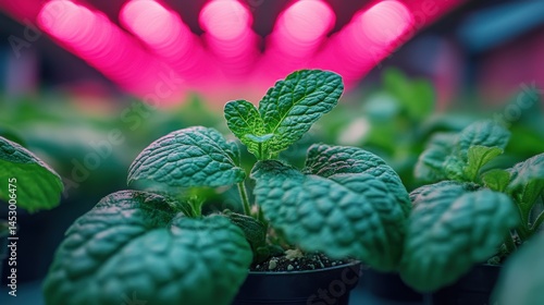 Lush green mint plants thriving under vibrant pink grow lights in a modern indoor garden setup