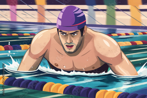 Male swimmer wearing in clear blue pool with focused motion. Strong sports and fitness concept ideal for athletic branding, swimming competitions vector