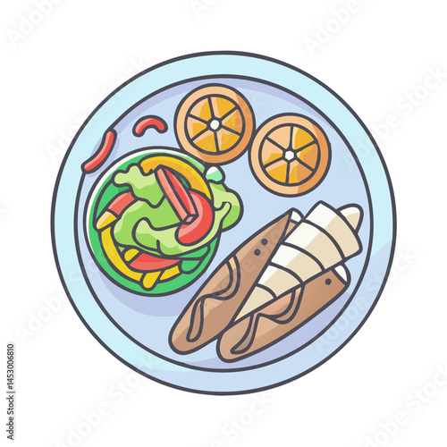 Illustration of a healthy lunch plate with salad wraps and orange slices for diet meal plan