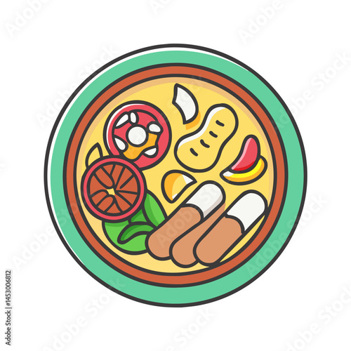 Delicious thai tom yum soup recipe with vegetables and sausages food dish illustration