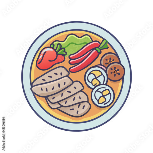 Explore delicious asian food plate with meat, vegetables and eggs for healthy eating plan