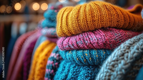Colorful knitted sweaters stacked attractively in a cozy shop with warm lighting ambiance