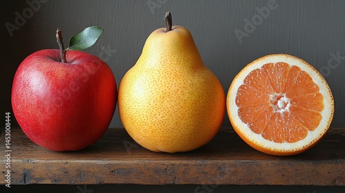 A vibrant display of an apple, pear, and orange on a rustic wooden shelf against a muted backdrop