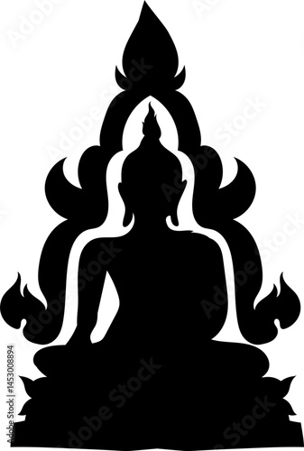 Sacred Seated Buddha Silhouette Surrounded by Temple Flame Ornament