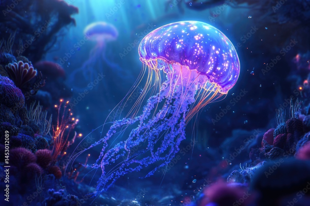 Fototapeta premium A bioluminescent jellyfish gracefully swims amidst vibrant coral reefs in a deep ocean scene.