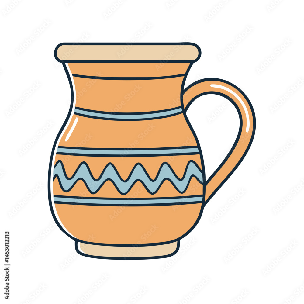 Illustration of orange ceramic pitcher with handle and blue wavy pattern design vector Illustration of orange ceramic pitcher with handle and blue wavy pattern design vector