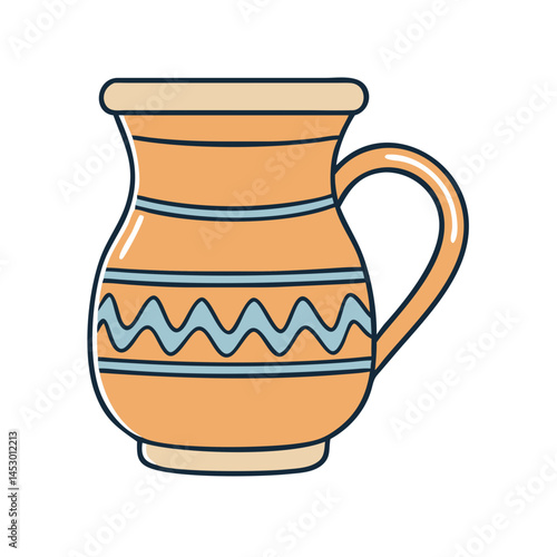 Illustration of orange ceramic pitcher with handle and blue wavy pattern design vector