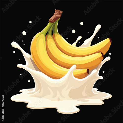 Vector design for food packaging 
with branch of bananas and cream
splashes of milk yogurt isolated 
on black background. Fashionable print for paper, 
fruit juice label, ice cream, candy. 