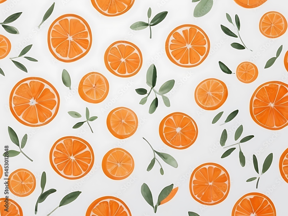 Hand-Painted Orange and Leaves Pattern on Clean White Background Hand-Painted Orange and Leaves Pattern on Clean White Background