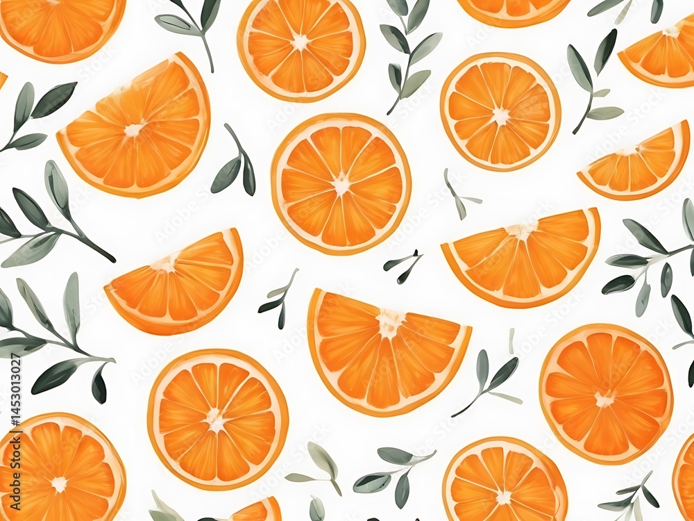 Hand-Painted Orange and Leaves Pattern on Clean White Background Hand-Painted Orange and Leaves Pattern on Clean White Background