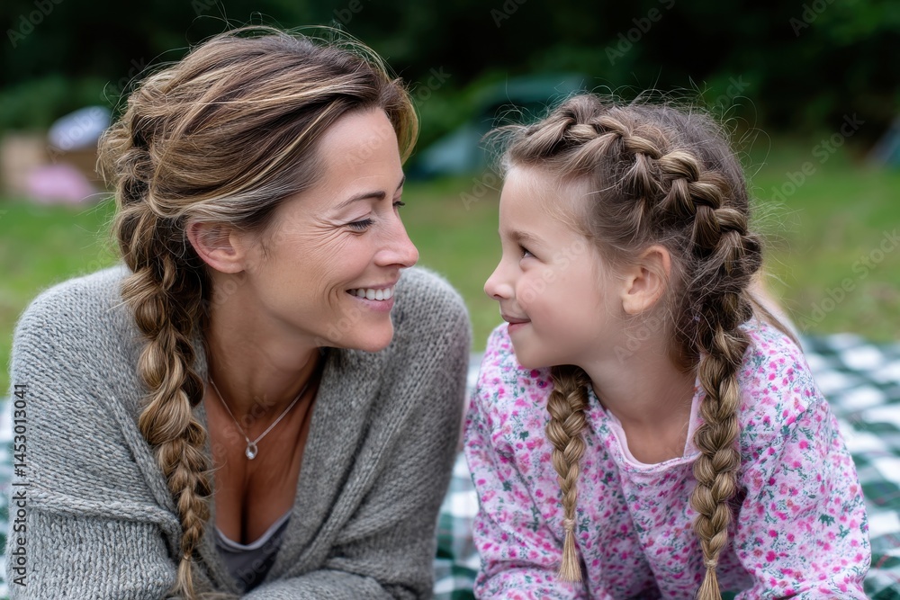 A mother and daughter share smiles and warmth, showcasing the bond of love and happiness, enjoying a serene outdoor moment as they connect in a beautiful setting. A mother and daughter share smiles and warmth, showcasing the bond of love and happiness, enjoying a serene outdoor moment as they connect in a beautiful setting.