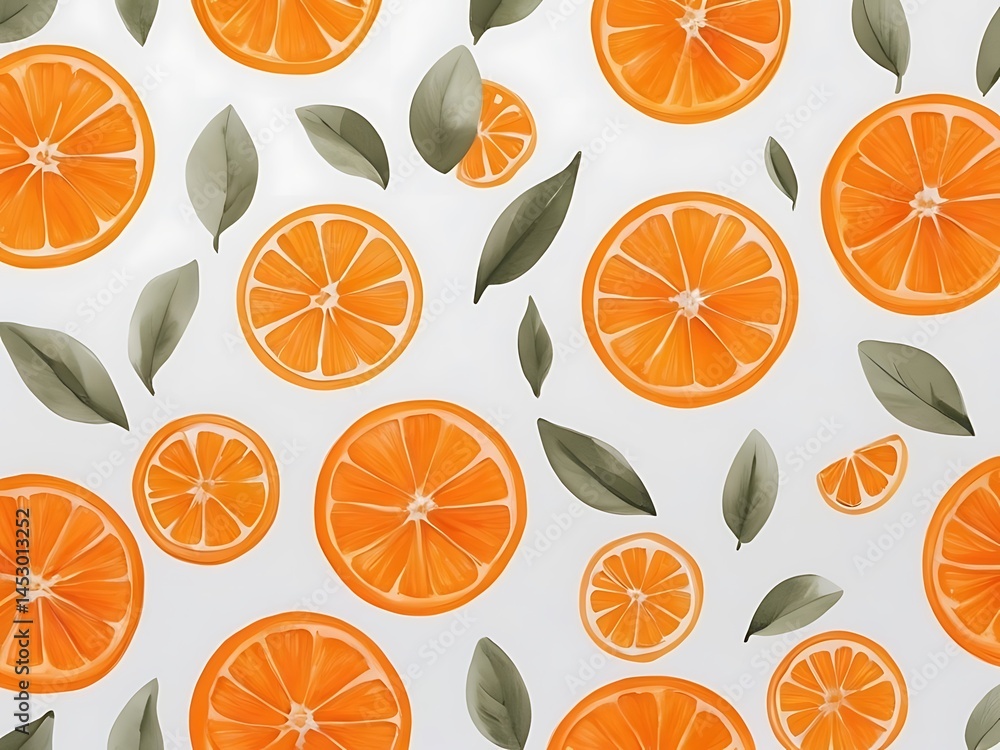 Hand-Painted Orange and Leaves Pattern on Clean White Background Hand-Painted Orange and Leaves Pattern on Clean White Background