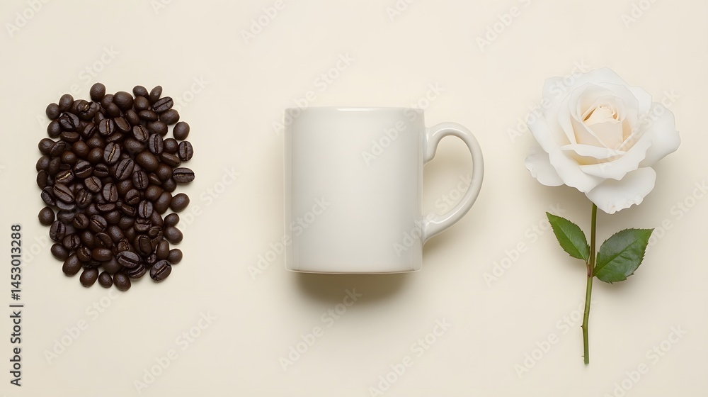 Obraz premium Coffee Beans White Mug Rose Flatlay Still Life