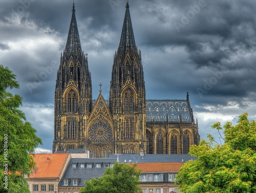 Gothic cathedral towers amidst urban landscape.