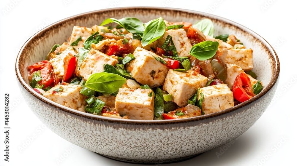 Delicious tofu stir fry with fresh basil and colorful vegetables soy eat food dish meal bowl diet Delicious tofu stir fry with fresh basil and colorful vegetables soy eat food dish meal bowl diet