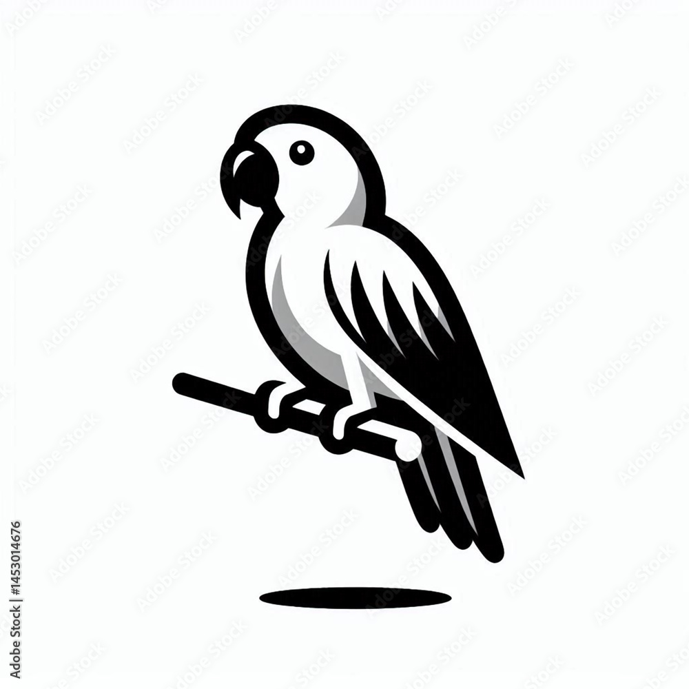 Obraz premium parrot on a branch, parrot on a white background, vector illustration of a parrot, bird, vector, black and white