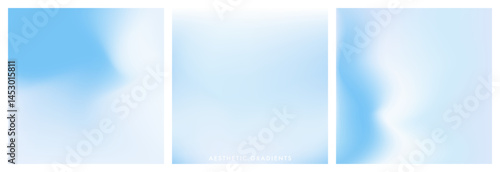 Blue clear sky gradient background. Abstract light blue blurry vector texture. Heaven gradation pattern. Aesthetic serene bg. Set of 3 square vector gradient background for poster, cover, social post