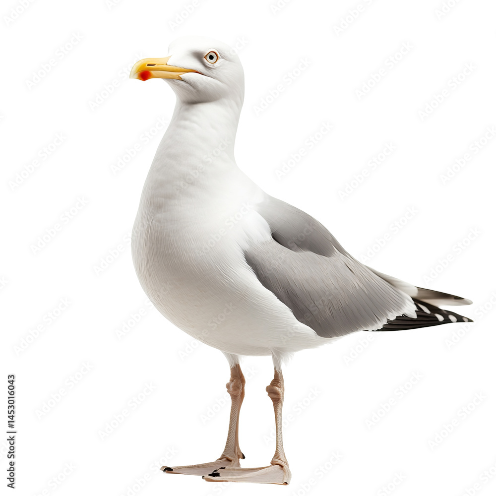 Fototapeta premium Seagull in Focus: A stunning portrait of a seagull standing tall, showcasing its pristine plumage, bright yellow beak, and piercing gaze, all captured in exceptional detail.