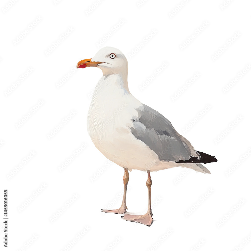 Fototapeta premium Seagull Profile: A detailed portrait of a seagull standing against a bright backdrop, showcasing its striking features and serene demeanor.