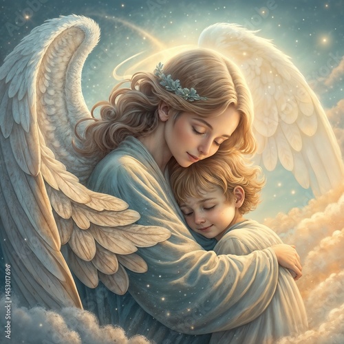 Heavenly embrace of an angel and a child surrounded by soft clouds and glowing light at twilight, capturing a moment of love and serenity that transcends earthly borders