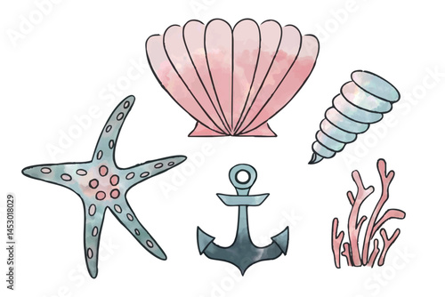 Watercolor Set of Sea elements: Starfish, Shells, coral and Anchor. Marine life in soft dark pastel colors with outline. Ocean nature. Summer, beach, sea design, decor. Isolated. Vector illustration