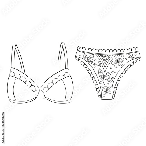 Bra and panties in flat line minimalist style. Lingerie vector illustrations. Female underwear simple outline signs.