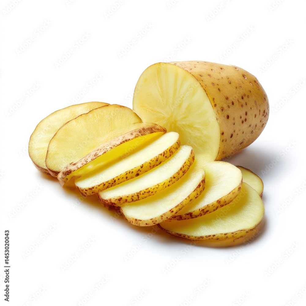 Sliced potato isolated on white background, close up shot Sliced potato isolated on white background, close up shot