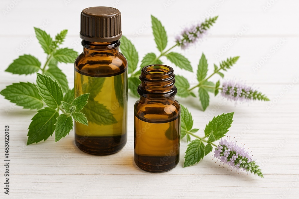 Aromatic Bottles of Essential Oils and Herbal Extracts in Glass Containers with Mint Leaves and Natural Products Aromatic Bottles of Essential Oils and Herbal Extracts in Glass Containers with Mint Leaves and Natural Products