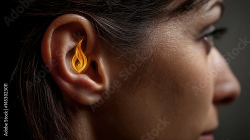 Close up of a woman's ear with a flame shaped object inside, dark hair, and dark background visible