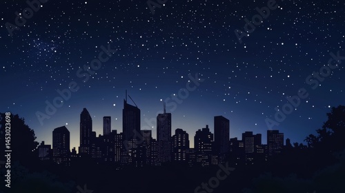 Night city vector illustration. Night cityscape in flat style. Night city silhouette. Night city skyline abstract background. Modern night city landscape. Dark urban scape. - stock vector