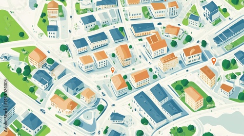 City map featuring directional signs, an intended goal point and multiple markers. An abstract navigation plan highlights POI including city streets, blocks. Vector illustration