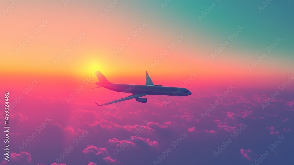 A lone airplane in the sky, silhouetted against a soft gradient sunset, symbolizing the spirit of travel in minimalism A lone airplane in the sky, silhouetted against a soft gradient sunset, symbolizing the spirit of travel in minimalism