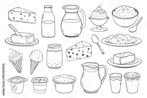 Milk products set. Hand drawn dairy products. Milk, cheese, yogurt, sour cream, ice cream, butter. Doodle sketch icons.