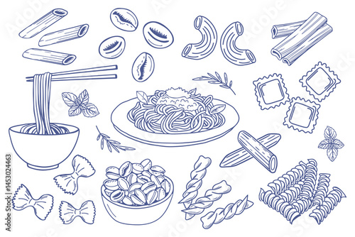 Hand drawn pasta set. Various Mediterranean pasta. Italian food illustrations for cafe or restaurant menu. Doodle sketch icons.