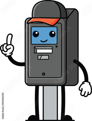 Animated parking meter character with red cap holding up finger vector illustration for urban lifestyle design 