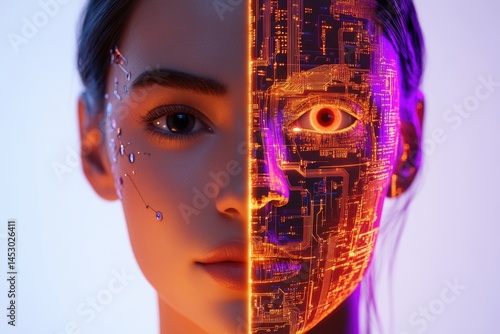 Half human, half futuristic circuitry; a striking visual representation of the fusion between organic life and artificial intelligence.