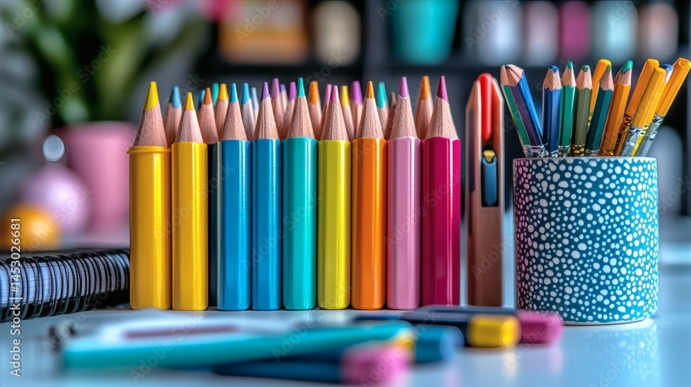 Fototapeta premium Vibrant array of colorful pencils organized in a row, alongside a pencil holder and notebook on a transparent background, PNG image, PNG file.