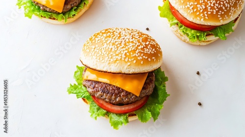 Classic American hamburger with sesame seed bun beef patty lettuce tomato and cheese top down view on white background USA 