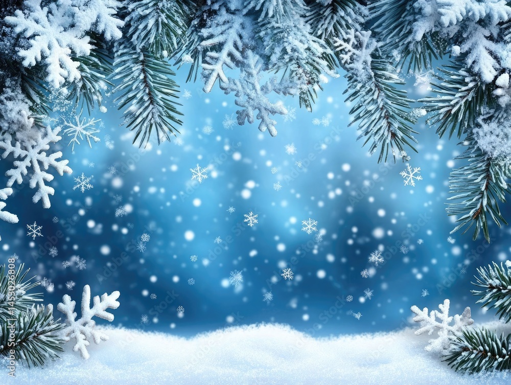 Winter Snowflakes with Blue Sky Background and Snowy Pine Branches Border Winter Snowflakes with Blue Sky Background and Snowy Pine Branches Border