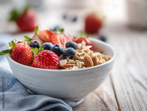 Healthy breakfast bowl with oatmeal, fresh strawberries, blueberries, and almonds served in a white ceramic bowl. A nutritious and vibrant meal set on a light wooden table.